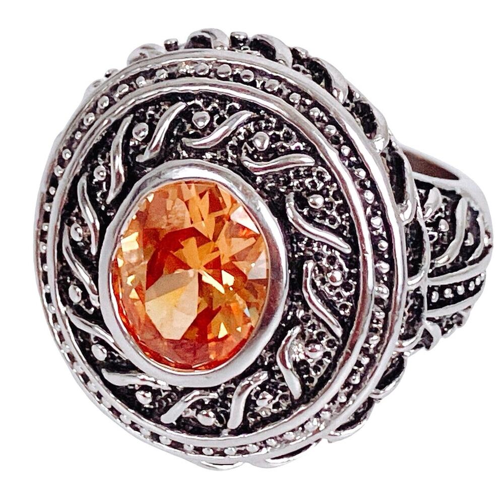 Silver Tone Cocktail Ring Orange Stone Large Ornate Boho Statement Size 7.75